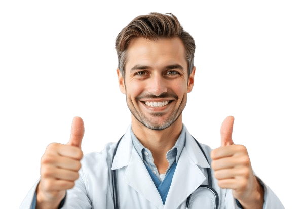 A doctor smiling with thumbs up - placement image