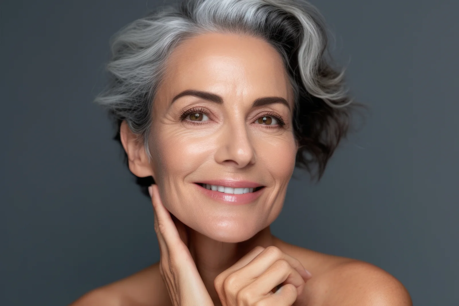 Mujer con cabello gris tocando su rostro, simbolizando tratamientos anti-aging efectivos para todo tipo de piel.
