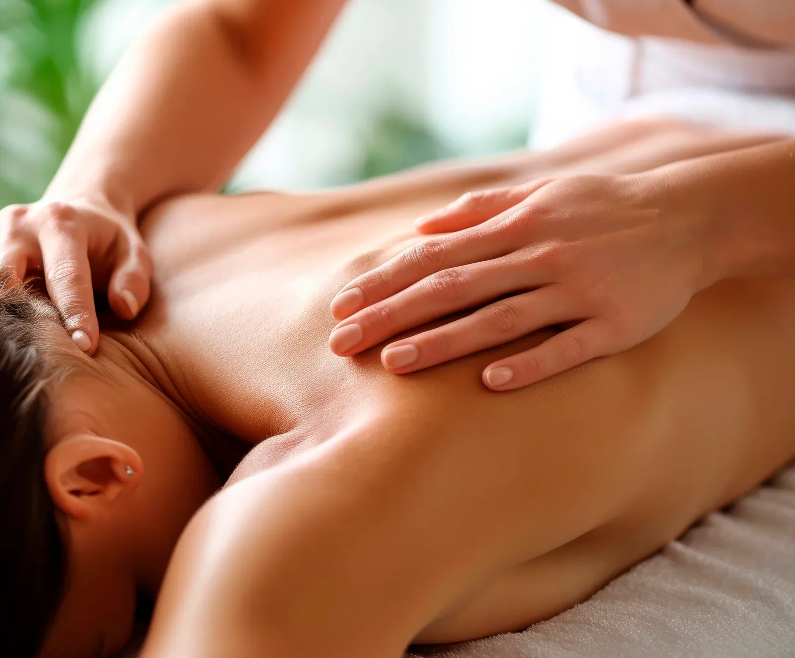 A massage therapist performing a Glow massage with oil on a person's back to hydrate the skin.