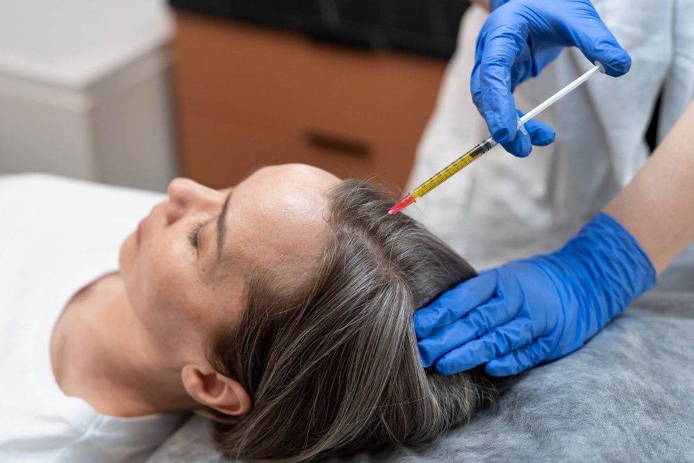 Scalp assessment before exosome hair regeneration at Victoria Aesthetics, Mahé