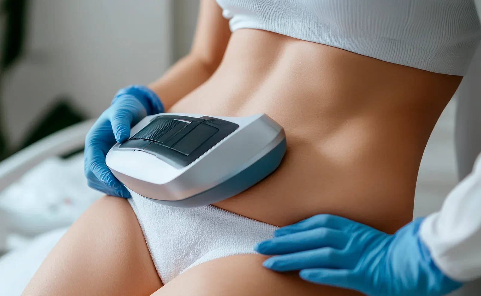Close-up of HIFU device treating localized fat on the thigh at the Victoria clinic.
