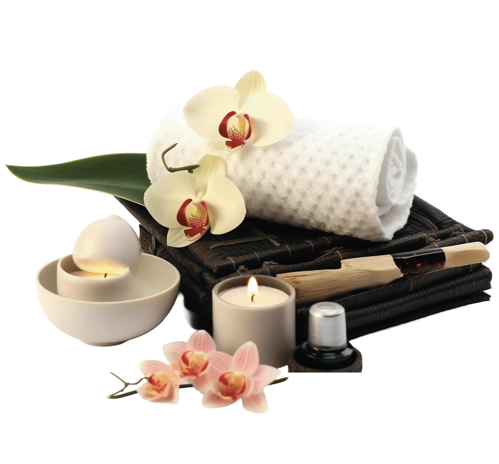 A display of spa treatment tools, candles, and a towel with white orchids, symbolizing a serene and holistic wellness experience.